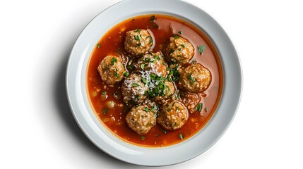 Delicious homemade meatballs in rich tomato sauce garnished with fresh parsley on white plate