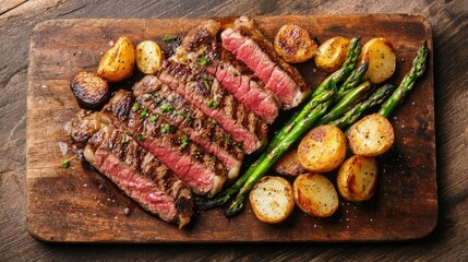 Wall Mural - New York strip steak with a side of roasted potatoes and asparagus.