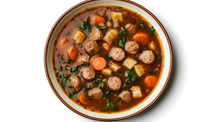 Hearty bowl of sausage and vegetable soup with carrots and herbs