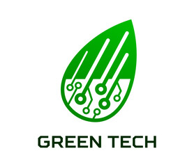 Fototapete - Green tech icon, smart digital farm and eco green energy technology. Isolated vector emblem combines a leaf with circuit elements, symbolizing integration of nature and tech for eco-friendly solutions