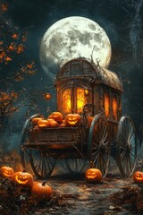 Scary halloween carriage transporting pumpkins under full moon