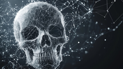 Poster - A grey skull is depicted with polygonal lines on an abstract background. The skull is designed in a low poly style, with connecting dots and lines forming a geometric, space-like structure.