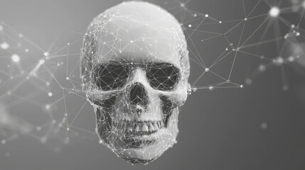 Poster - A grey skull is depicted with polygonal lines on an abstract background. The skull is designed in a low poly style, with connecting dots and lines forming a geometric, space-like structure.