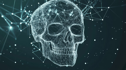 Poster - A grey skull is depicted with polygonal lines on an abstract background. The skull is designed in a low poly style, with connecting dots and lines forming a geometric, space-like structure.
