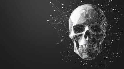 Poster - A grey skull is depicted with polygonal lines on an abstract background. The skull is designed in a low poly style, with connecting dots and lines forming a geometric, space-like structure.