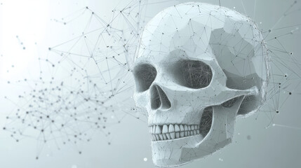 Poster - A grey skull is depicted with polygonal lines on an abstract background. The skull is designed in a low poly style, with connecting dots and lines forming a geometric, space-like structure.