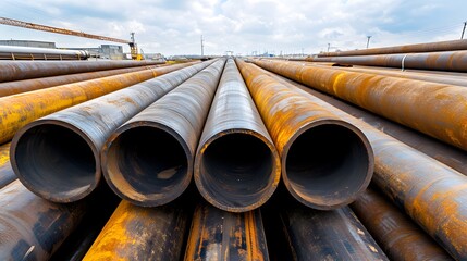 Wall Mural - A stack of pipes with yellow and blue stripes. The pipes are dirty and rusted. Concept of wear and tear, as well as the passage of time