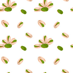 Cartoon pistachio seamless pattern. Nuts in shell and peeled pieces. Healthy food. Diet snack. Organic vegetarian. Decor textile, wrapping, wallpaper. Print for fabric, vector isolated illustration