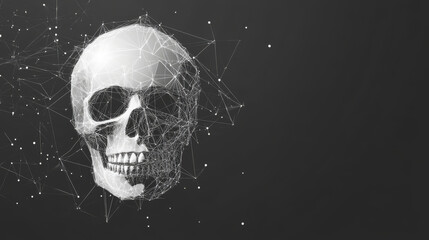Poster - A grey skull is depicted with polygonal lines on an abstract background. The skull is designed in a low poly style, with connecting dots and lines forming a geometric, space-like structure.