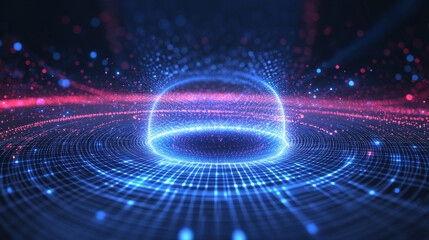 Poster - 3D torus composed of dots and lines. Concept of electromagnetic force fields. Science and physics background. Vector illustration. Design elements featuring energy fields and torus shapes.