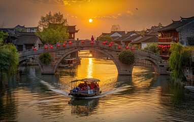 Poster - In the evening of a Chinese ancient town, boats in stone bridges and canals