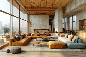 Sticker - A large living room with a fireplace and a view of the city