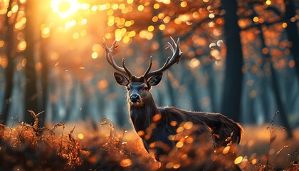 Wall Mural - Majestic deer in a sunlit autumn forest surrounded by vibrant foliage and dreamy bokeh effects