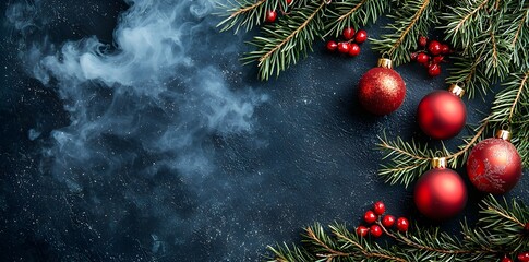 Christmas tree covered with smoke clouds on a dark background.