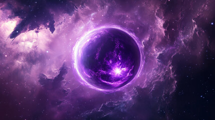 A spherical purple planet with a molten core at its center, floating in space. Surrounded by a star-like sphere emitting an energy-filled, magical glowing plasma field. Abstract background.