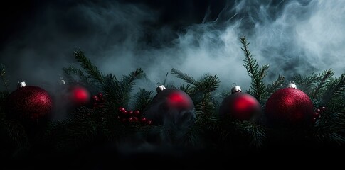 Christmas tree covered with smoke clouds on a dark background.