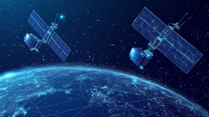 Poster - Abstract 3D satellites orbiting in space.Concept of global internet connectivity and satellite networks. Vector mesh depiction of satellites and Earth, resembling a star-filled sky. Low-poly wireframe