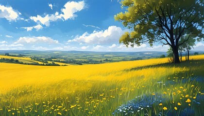 Vibrant panorama of a rural countryside with endless yellow grass fields stretching under a clear blue sky