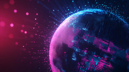 Poster - Abstract 3D spheres featuring neon dots and stripes. Global network connectivity. Abstract globe grid. Concept of worldwide communication. Science and technology abstract vector illustration.