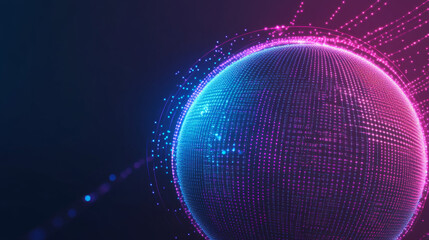 Poster - Abstract 3D spheres featuring neon dots and stripes. Global network connectivity. Abstract globe grid. Concept of worldwide communication. Science and technology abstract vector illustration.