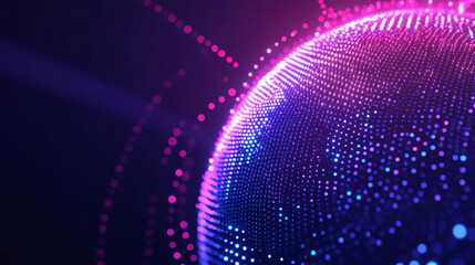 Poster - Abstract 3D spheres featuring neon dots and stripes. Global network connectivity. Abstract globe grid. Concept of worldwide communication. Science and technology abstract vector illustration.