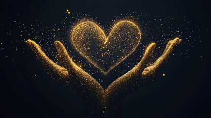 Poster - A low poly illustration of hands forming a heart shape, enhanced with a golden dust effect. The design features sparkling stardust and glittering gold particles against a dark background. 