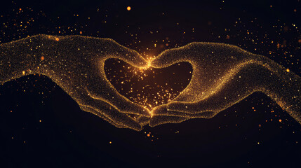 A low poly illustration of hands forming a heart shape, enhanced with a golden dust effect. The design features sparkling stardust and glittering gold particles against a dark background. 