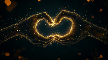 A low poly illustration of hands forming a heart shape, enhanced with a golden dust effect. The design features sparkling stardust and glittering gold particles against a dark background. 