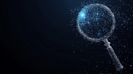 Poster - An abstract vector illustration of a magnifying glass and a lock, representing an analytics concept. The design is rendered in a low poly wireframe style, resembling a starry sky or space. 