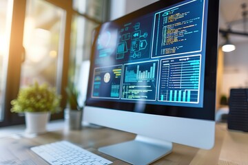 Poster - Modern computer screen displaying graphs and code in office envi