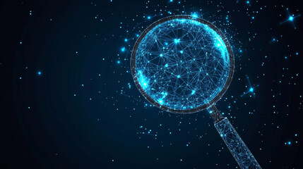 Poster - An abstract vector illustration of a magnifying glass and a lock, representing an analytics concept. The design is rendered in a low poly wireframe style, resembling a starry sky or space. 