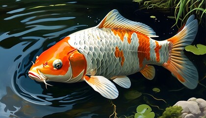 Wall Mural - Colorful Japanese koi swimming gracefully in a serene pond