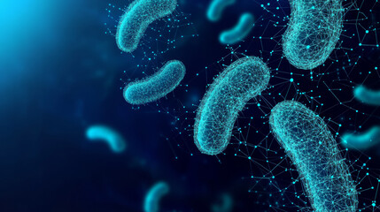 A banner template featuring a low poly wireframe design focused on microbiology. The futuristic science theme is highlighted by a polygonal depiction of bacteria and microscopic germs. This 3D mesh.