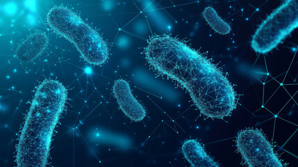 Wall Mural - a banner template featuring a low poly wireframe design focused on microbiology. the futuristic scie