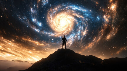 A celestial being stands on mountain summit, gazing at swirling galaxy filled with vibrant colors and cosmic energy. scene evokes sense of wonder and exploration