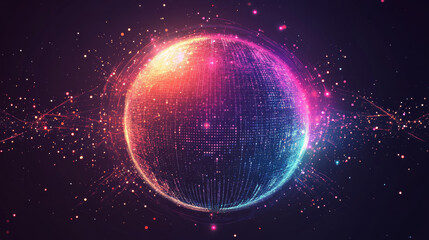 Poster - Abstract vibrant particle sphere. Bright dot background. Futuristic HUD design. Array of points. Spherical audio waveform visualization. Vector illustration.