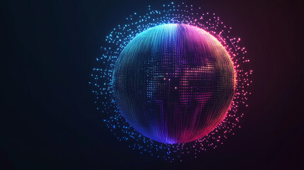 Poster - Abstract vibrant particle sphere. Bright dot background. Futuristic HUD design. Array of points. Spherical audio waveform visualization. Vector illustration.