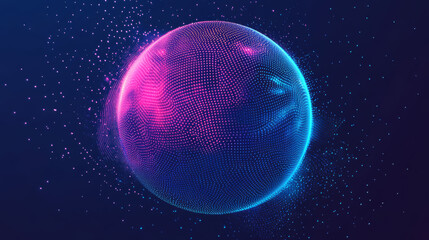 Poster - Abstract vibrant particle sphere. Bright dot background. Futuristic HUD design. Array of points. Spherical audio waveform visualization. Vector illustration.