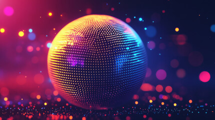 Poster - Abstract vibrant particle sphere. Bright dot background. Futuristic HUD design. Array of points. Spherical audio waveform visualization. Vector illustration.