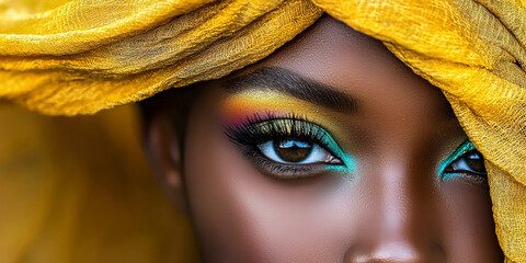 Wall Mural - Close up of an African American woman with colorful eye makeup and a gold head scarf, generative AI