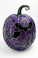 Wall Mural - A rich purple Halloween pumpkin with intricate black bat carvings on a white background, creating a spooky effect.