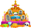 © Vector Tradition - Mexican cartoon day of the dead dia de los muertos ofrenda altar adorned with traditional offerings, like marigold flowers, candles, skulls, food, golden cross and framed photos of deceased ancestors