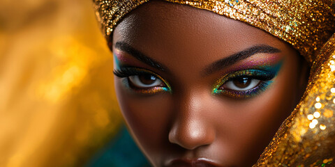 Wall Mural - Close up of an African American woman with colorful eye makeup and a gold head scarf, generative AI