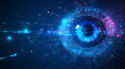 Digital eye representing computer vision and AI concepts. Features an abstract science and technology illustration with a focus on big data and neural networks. Vector illustration.