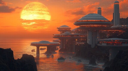 Futuristic coastal city at sunset with large celestial body.