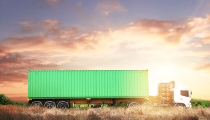 Wall Mural - Semi Trailer Trucks Driving on The Road with Sunset Sky. Cargo Container Shipping, Economical Transportation Business. Truck Transport. Diesel Truck. Logistics Freight Truck Transportation.