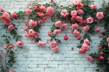 Wall Mural - A wall covered in pink flowers and green leaves