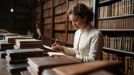 Focused Woman in a library studying and taking notes surrounded by books, Research, learning, education concept.