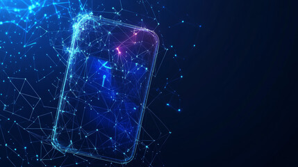 Poster - Data Protection concept. A locked padlock on a smartphone screen with an email icon. Low poly wireframe vector in a starry sky style, composed of points, lines, and star-like shapes.