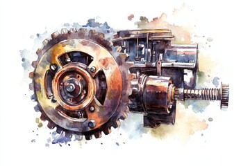 Wall Mural - Watercolor illustration of a mechanical engineer gear system with cogs, wheels, and a screw, representing engineering, precision, and industry.